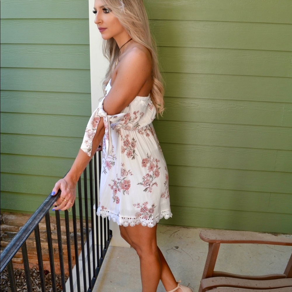 Floral Off the Shoulder Tie Sleeve Boho Dress